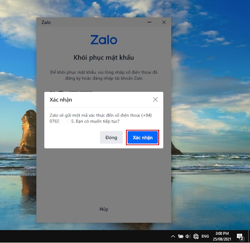Bấm Xác nhận trong hộp thông báo của Zalo